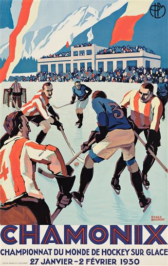 ROGER BRODERS (1883-1953). CHAMONIX / CHAMPIONNAT DU MONDE DE HOCKEY SUR GLACE. 1930. 39½x25 inches, 100¼x63½ cm. Lucien Serre, Paris.           